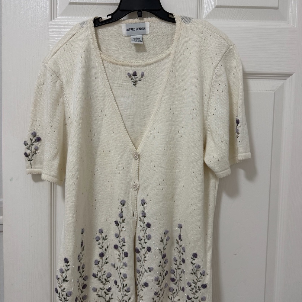 Alfred Dunner Cream Cardigan with Lavender Floral Embroidery